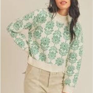 Elegant Floral Green and Cream Sweater